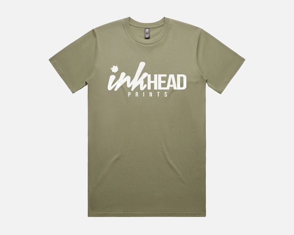 Olive green t-shirt with 'inkHEAD PRINTS' logo on a white background