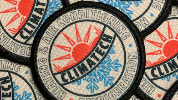 Collection of ClimateTech branded patches with logo and text.