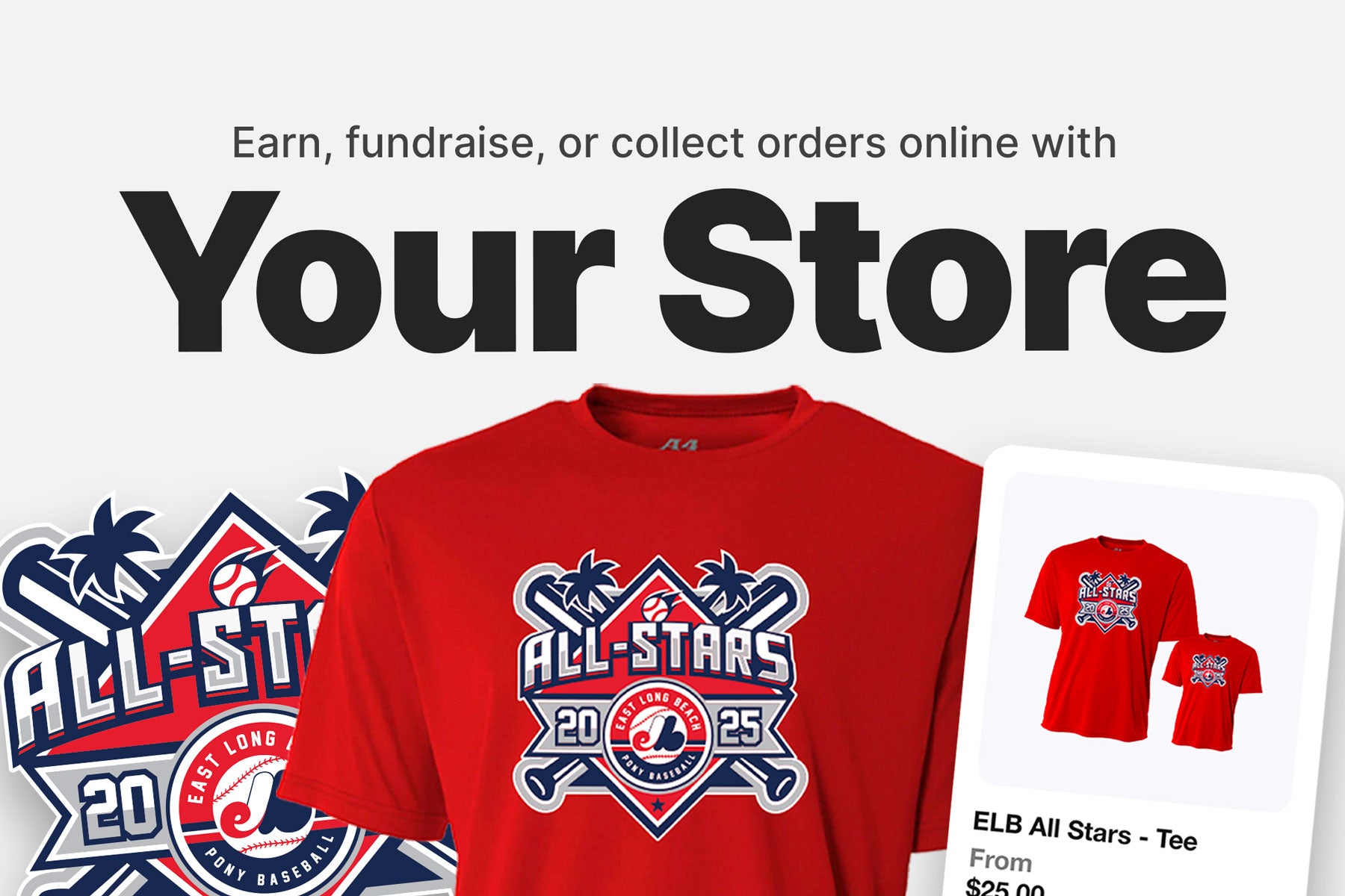 Red t-shirt with All-Stars logo and promotional text for online store creation.