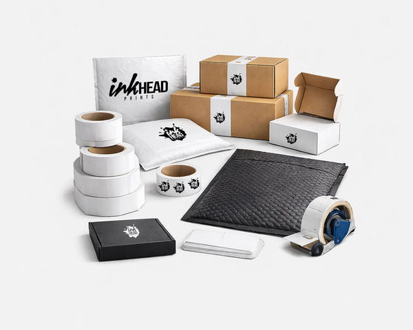 Collection of packaging materials with 'inkHEAD' branding on a white background